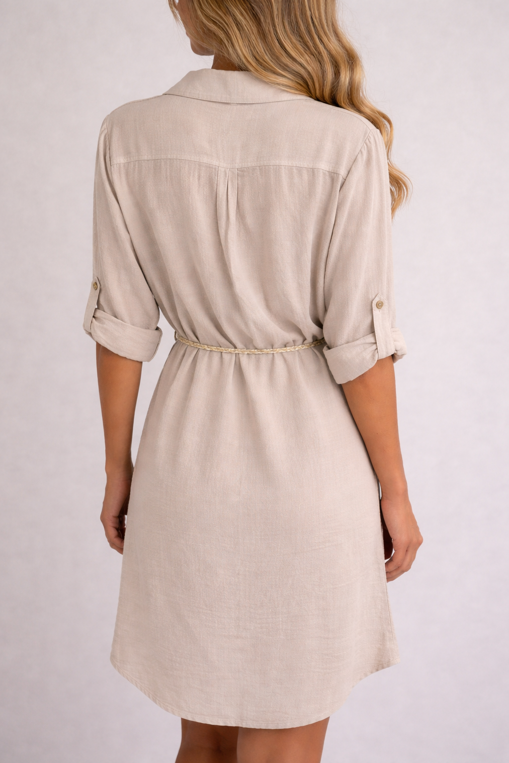 Front: Beige shirt dress with rope belt, women's casual summer button-down dress with rolled sleeves