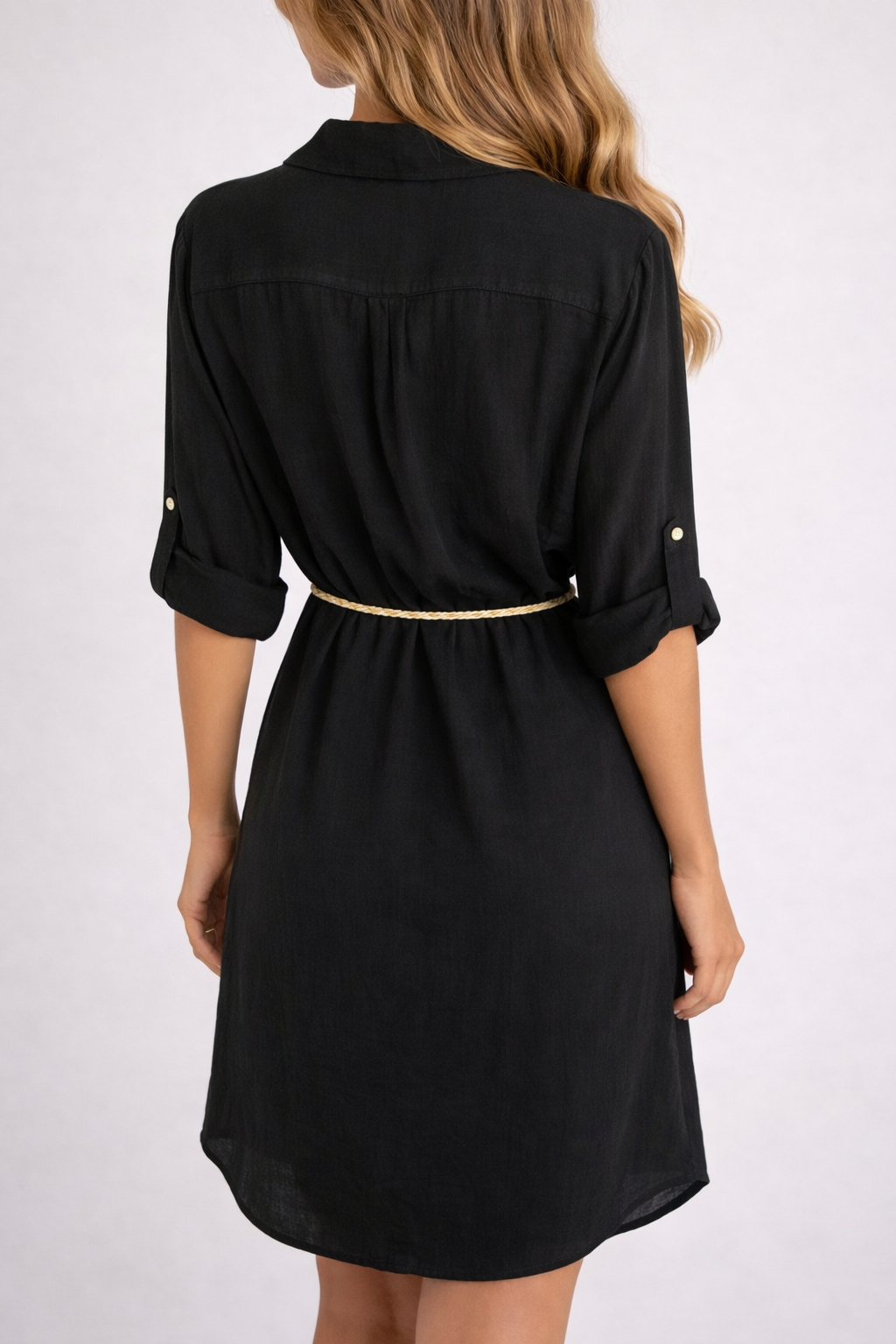 Black shirt dress with belt, women's casual button-down mini dress with rolled sleeves