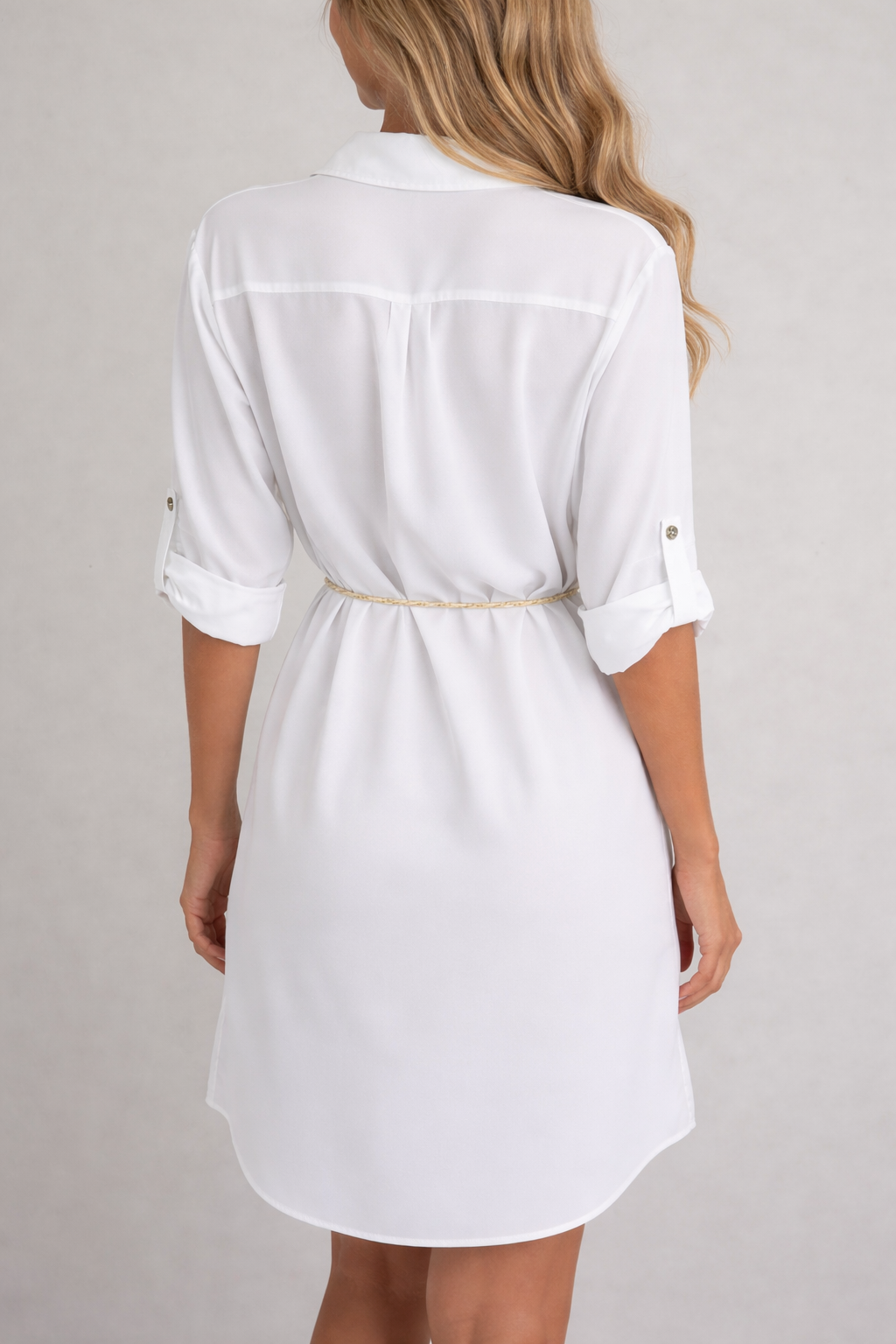 White shirt dress with belt, women's summer button-down mini dress with rolled sleeves