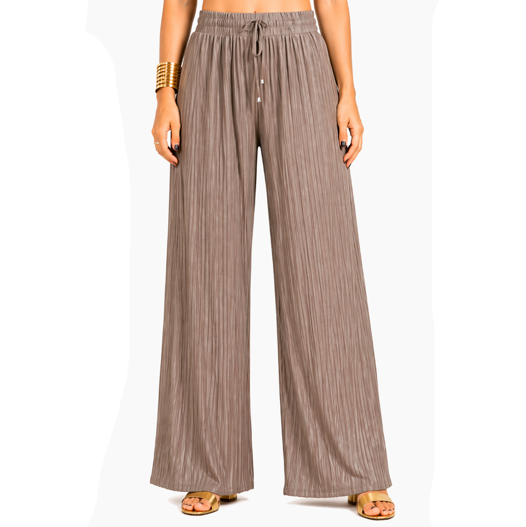 Women's taupe pleated wide leg trousers front detail view with elastic waistband