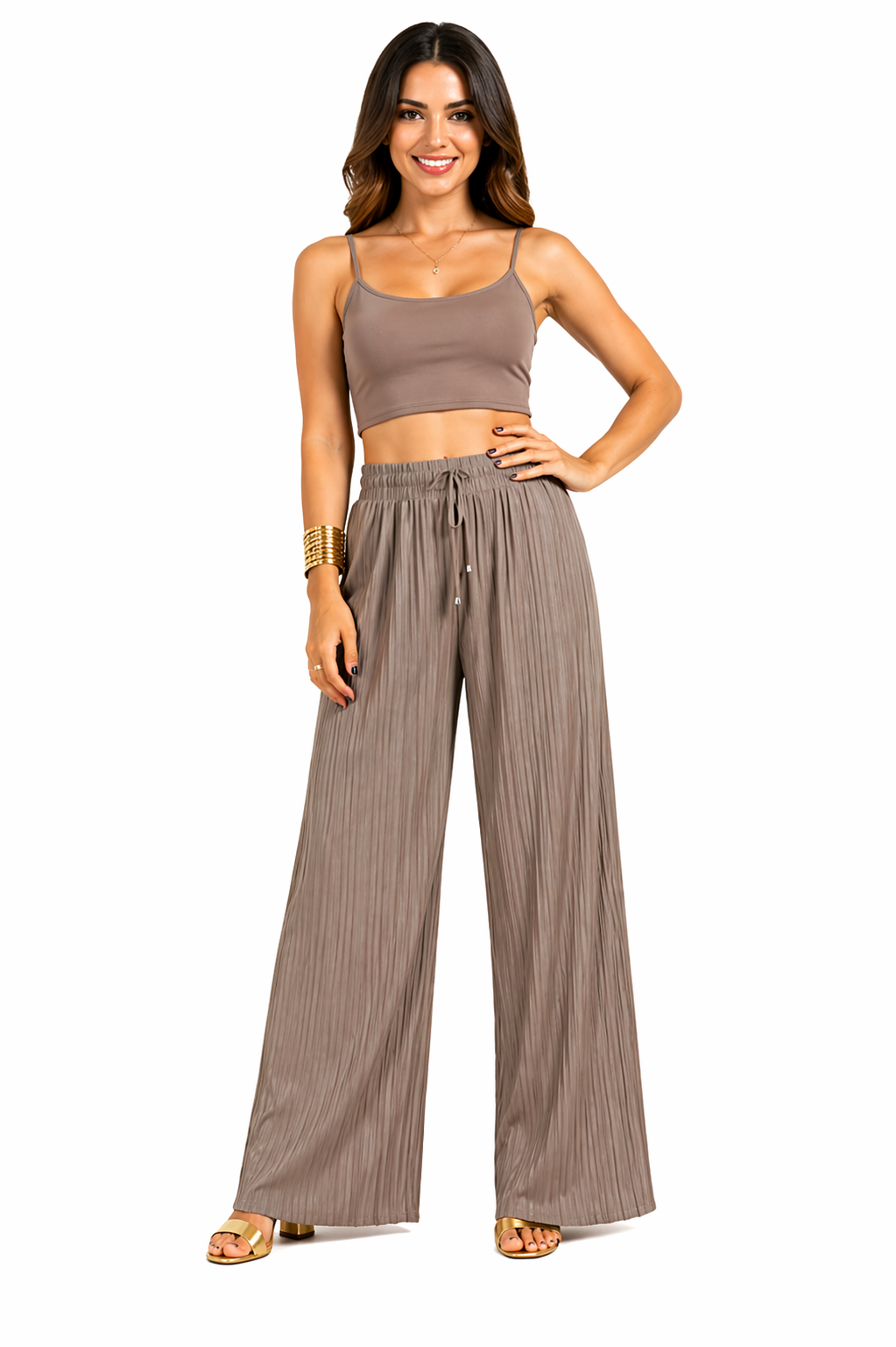 Women's taupe pleated wide leg trousers front detail view with elastic waistband