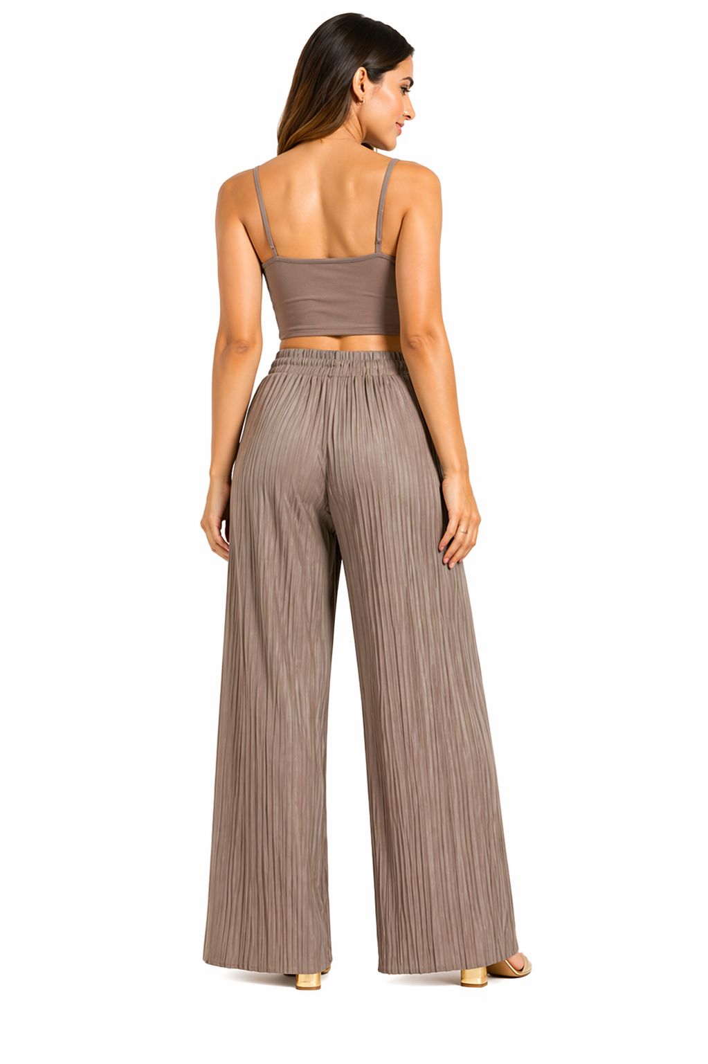 Women's taupe pleated wide leg trousers front detail view with elastic waistband