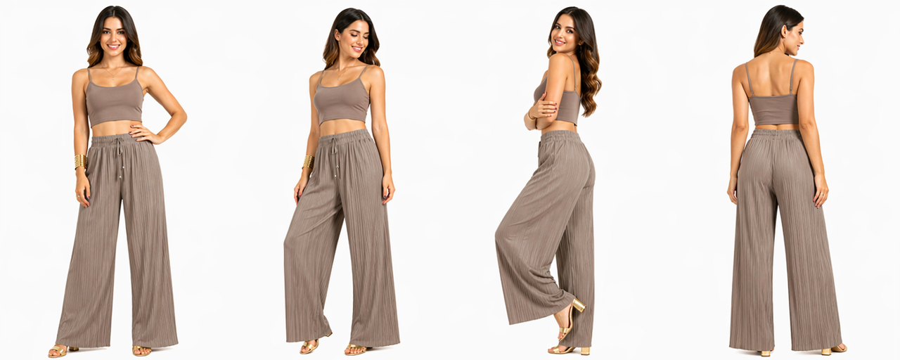 Women's taupe pleated wide leg trousers front detail view with elastic waistband