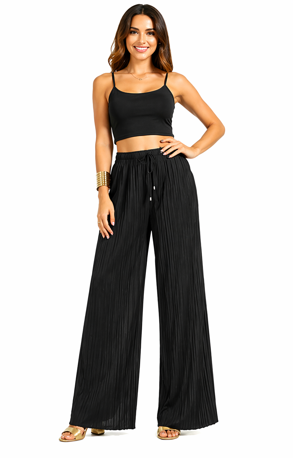 Women's black pleated wide leg trousers front detail view with elastic waistband
