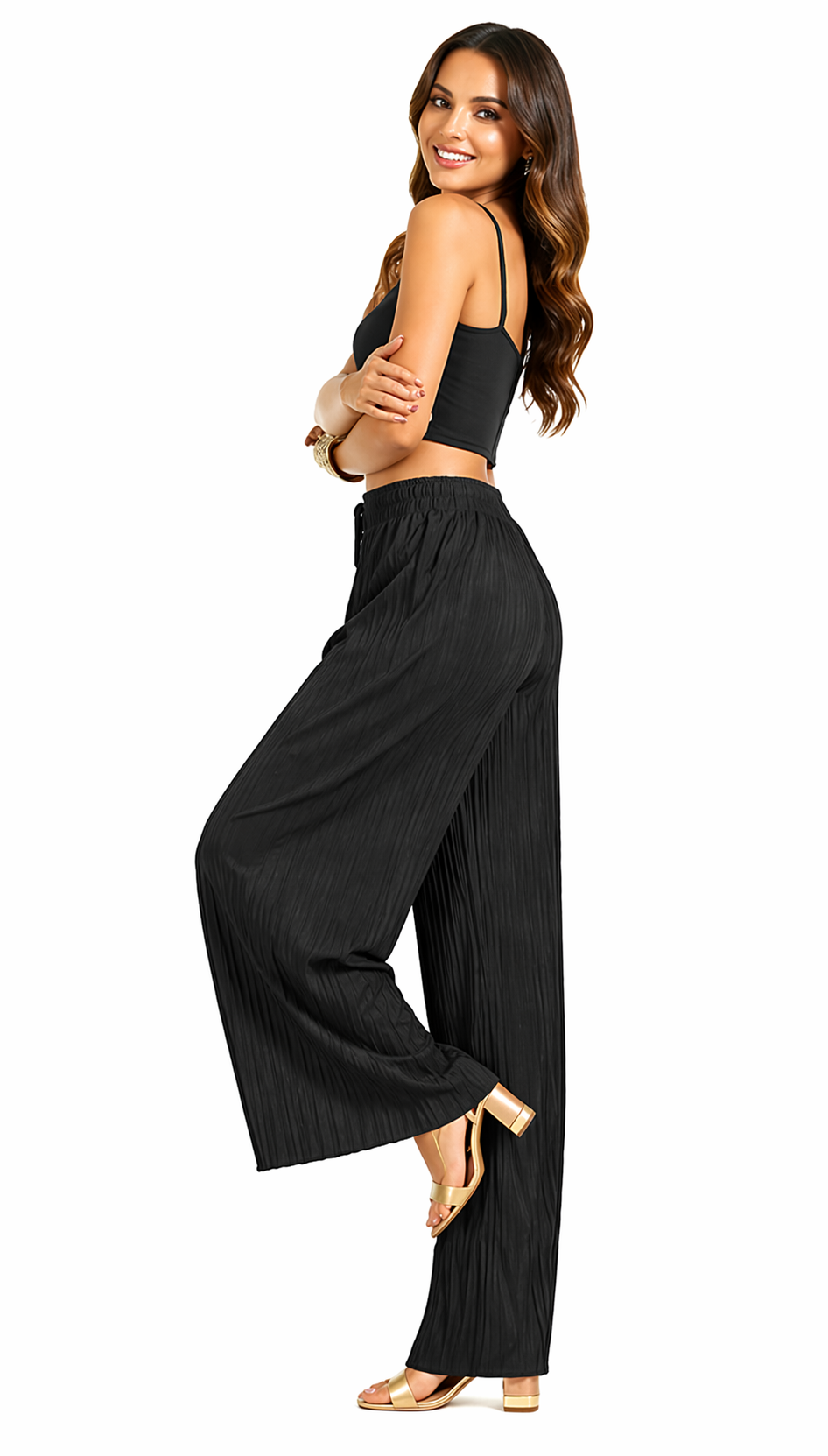 Women's black pleated wide leg trousers front detail view with elastic waistband