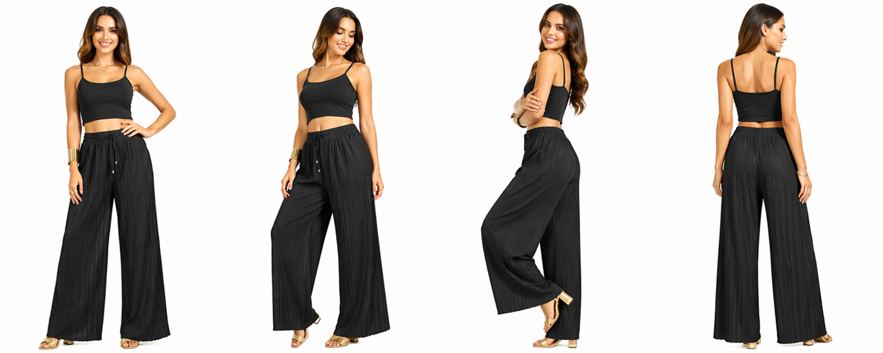 Women's black pleated wide leg trousers front detail view with elastic waistband