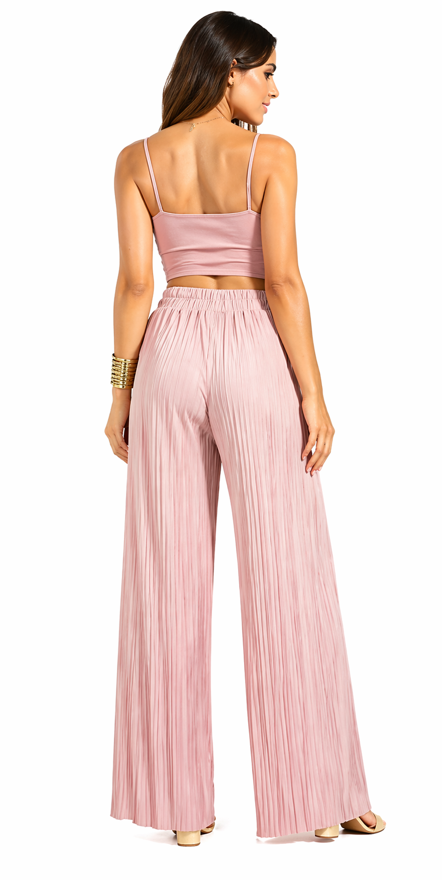 Women's dusty pink pleated wide leg trousers front detail view with elastic waistband