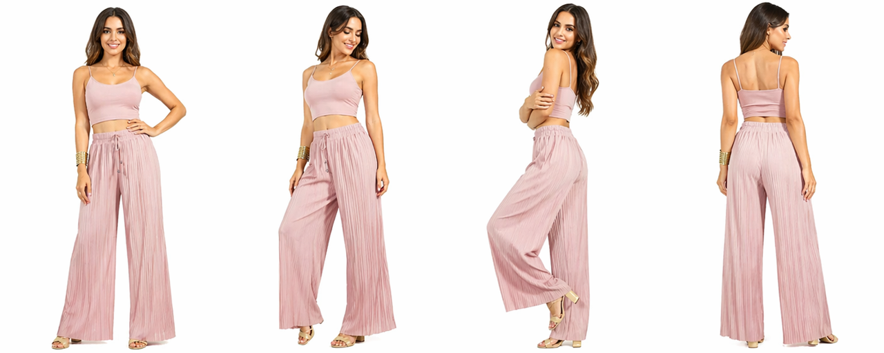 Women's dusty pink pleated wide leg trousers front detail view with elastic waistband