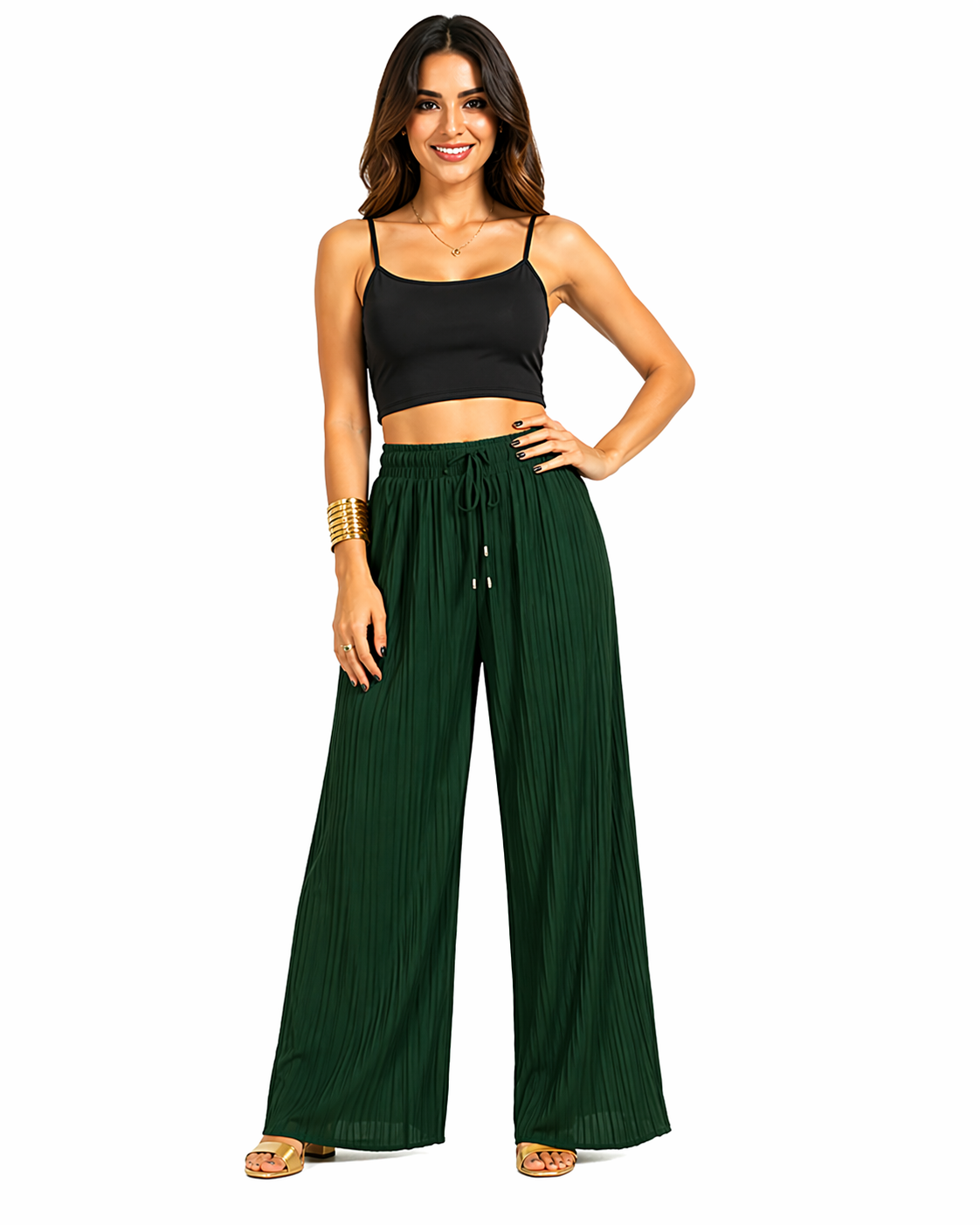 Women's khaki green pleated wide leg trousers front detail view with elastic waistband