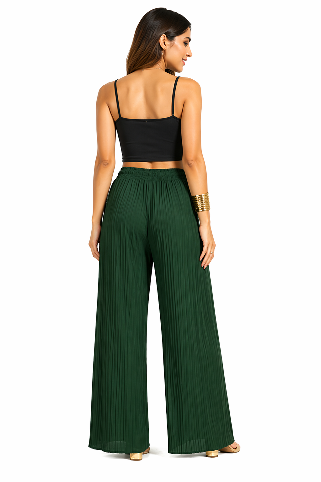 Women's khaki green pleated wide leg trousers front detail view with elastic waistband