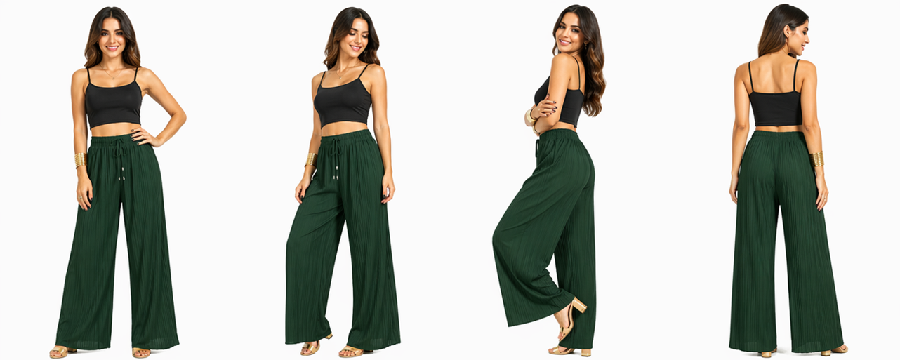 Women's khaki green pleated wide leg trousers front detail view with elastic waistband