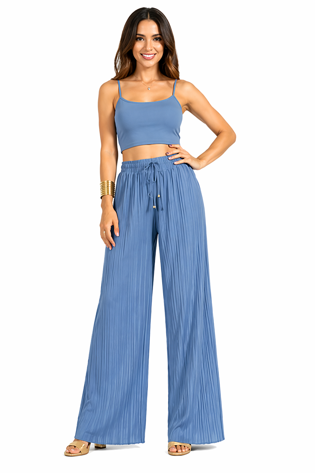 Women's sky blue pleated wide leg trousers front detail view with elastic waistband