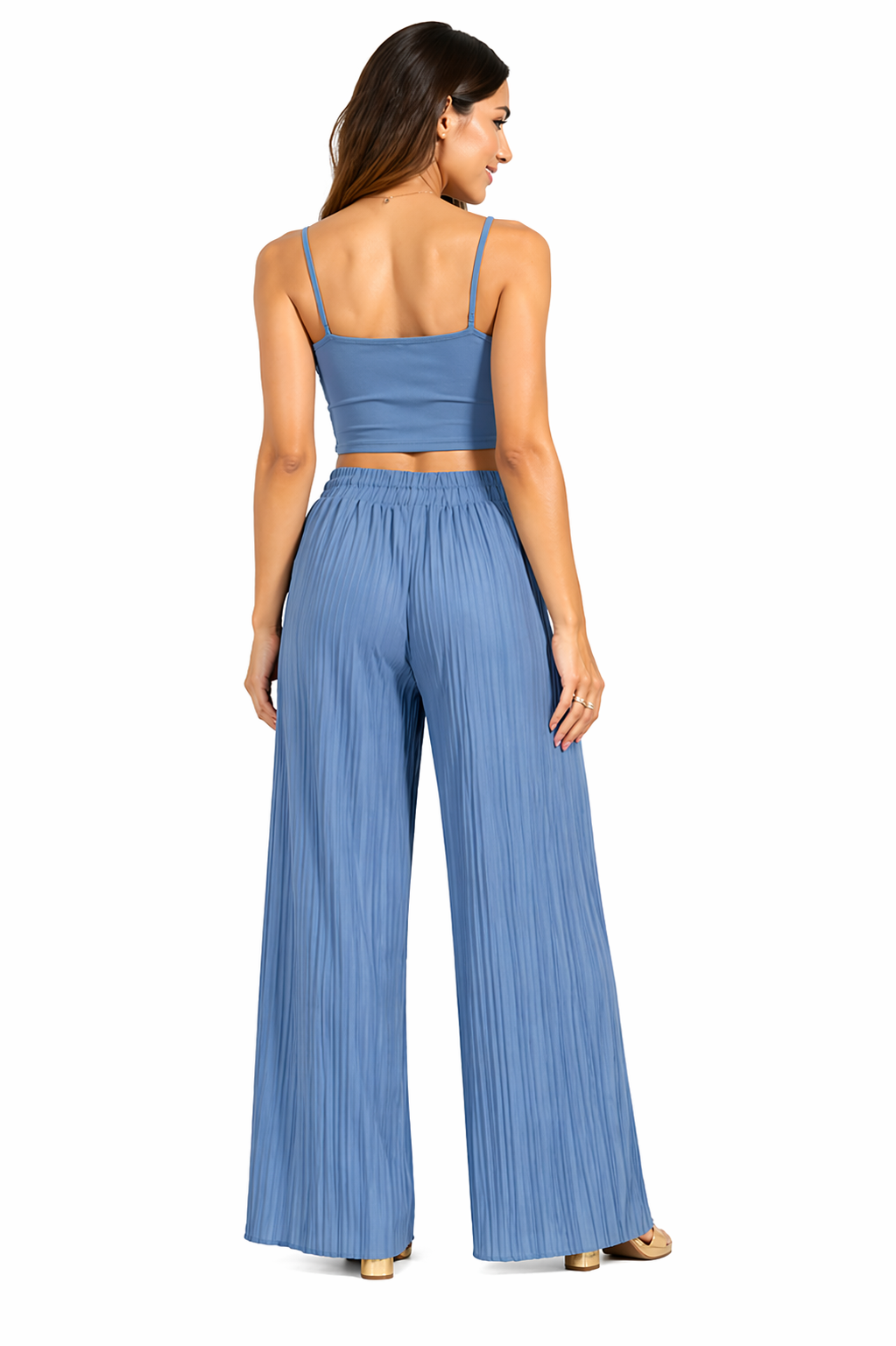 Women's sky blue pleated wide leg trousers front detail view with elastic waistband