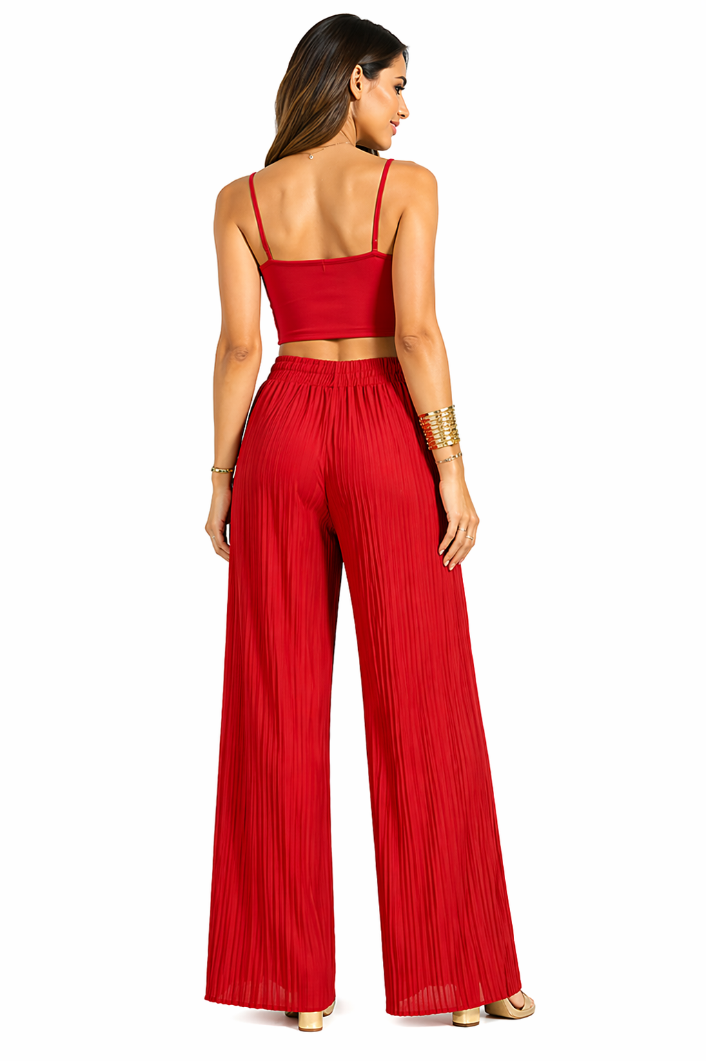Women's red wine pleated wide leg trousers front detail view with elastic waistband