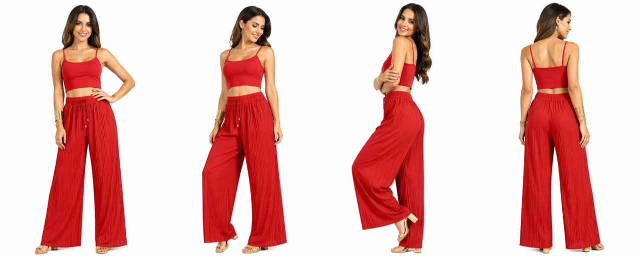Women's red wine pleated wide leg trousers front detail view with elastic waistband