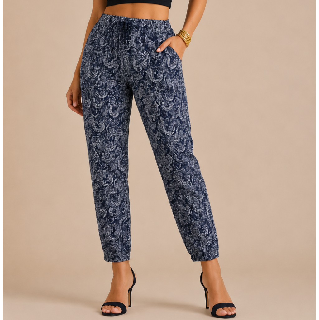 Women’s navy paisley print tapered trousers with elasticated drawstring waist and side pockets