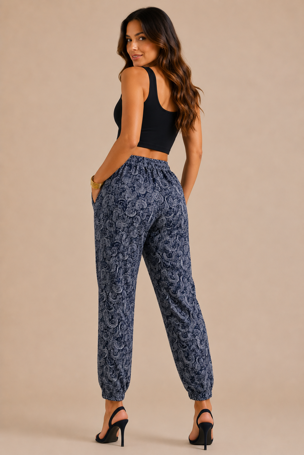 Women’s navy paisley print tapered trousers with elasticated drawstring waist and side pockets