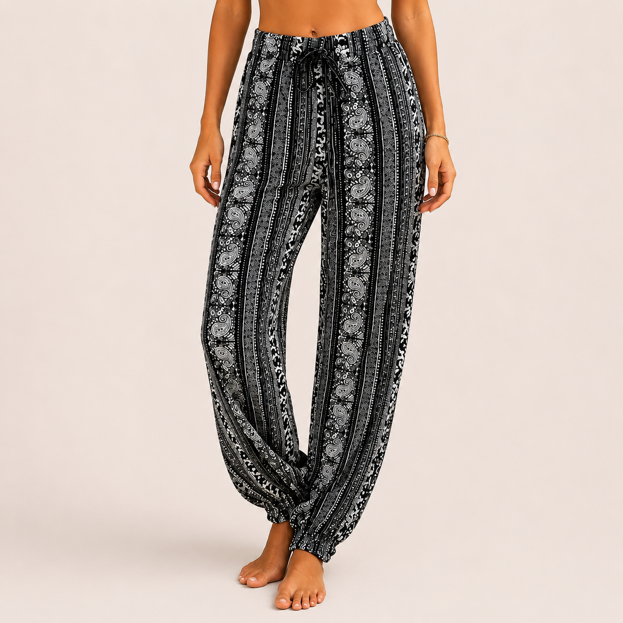 Women’s black elephant boho paisley jogger trousers with elastic waist and drawstring