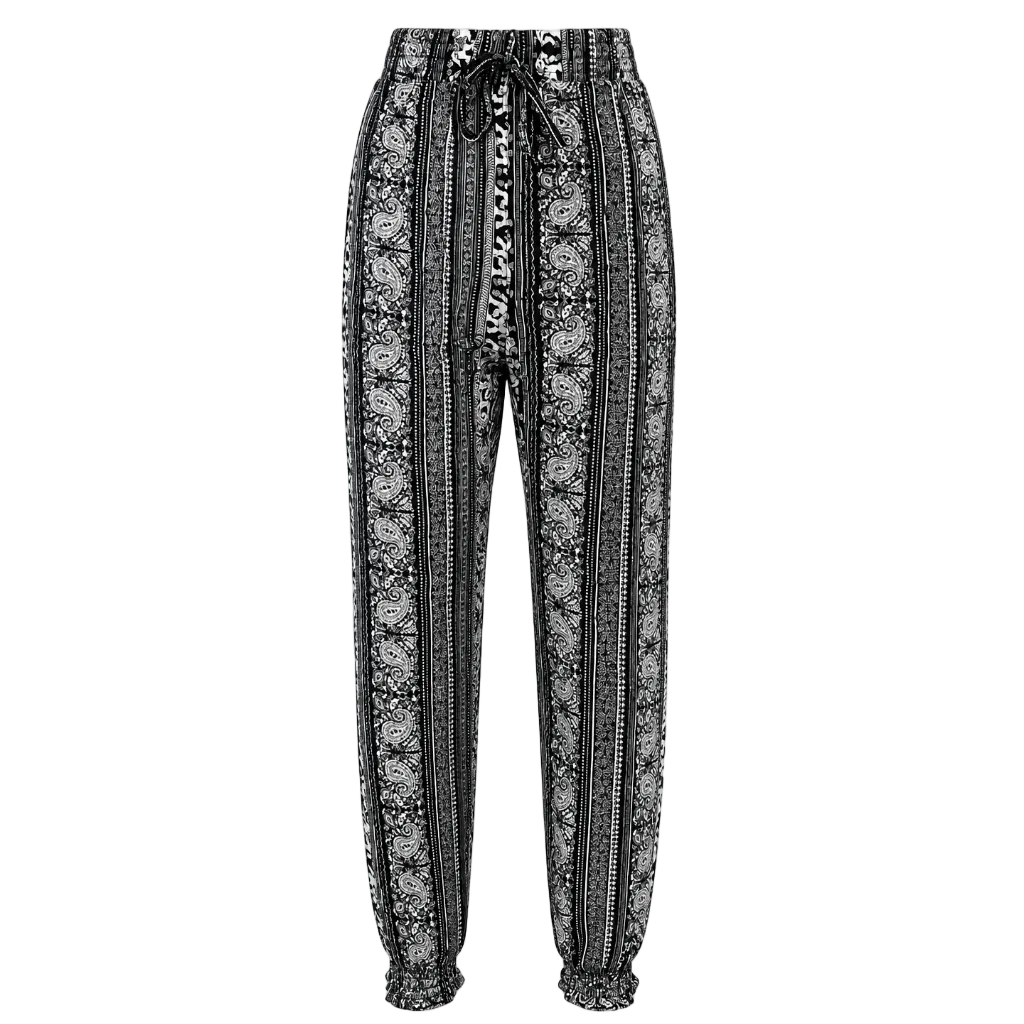 Women’s black elephant boho paisley jogger trousers with elastic waist and drawstring