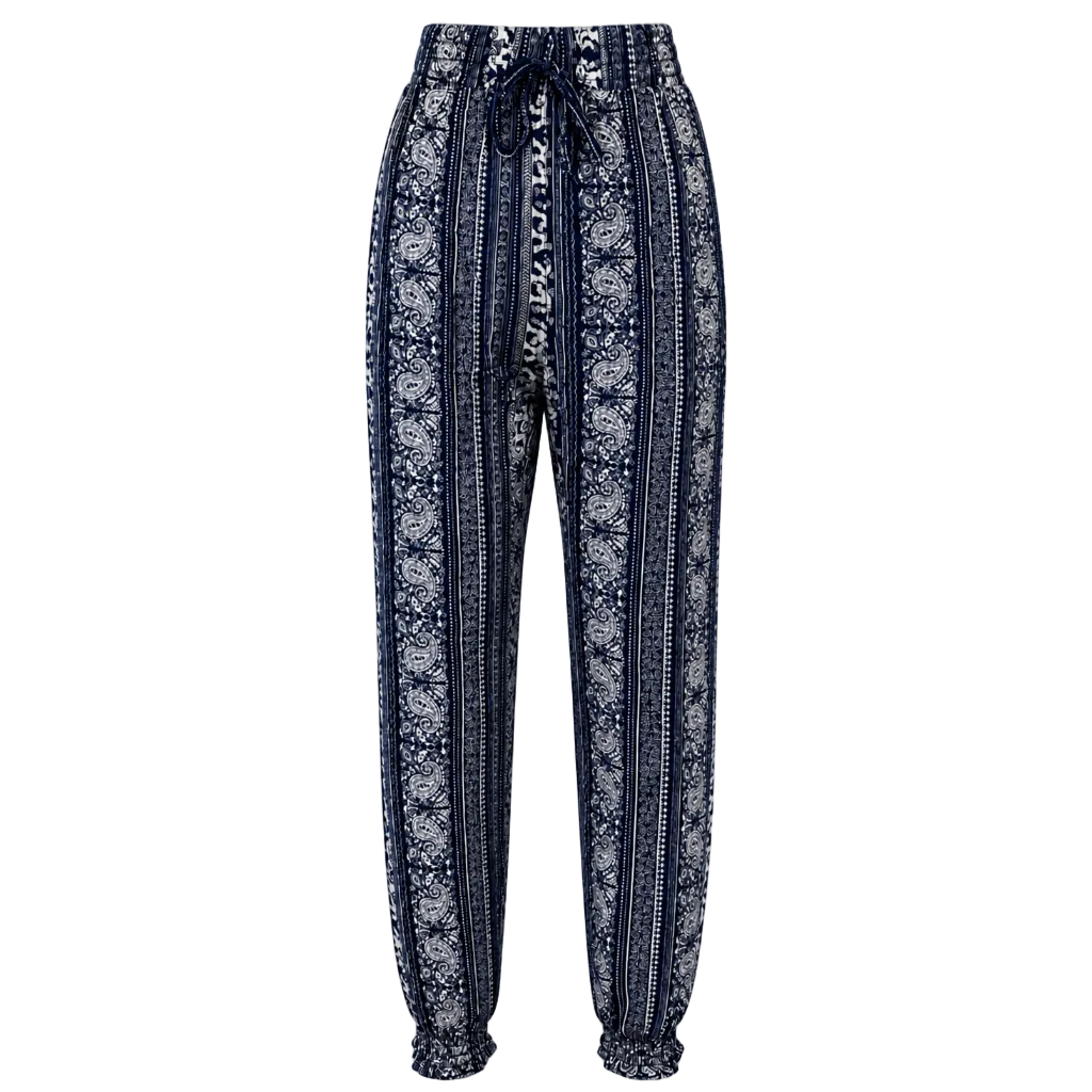 Women’s navy elephant boho paisley jogger trousers with elastic waist and drawstring