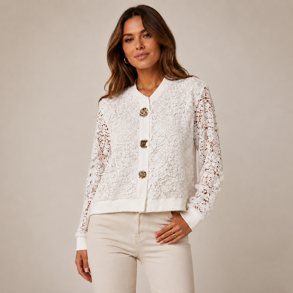 Ladies Amber Lace Gold Button Crochet Jacket