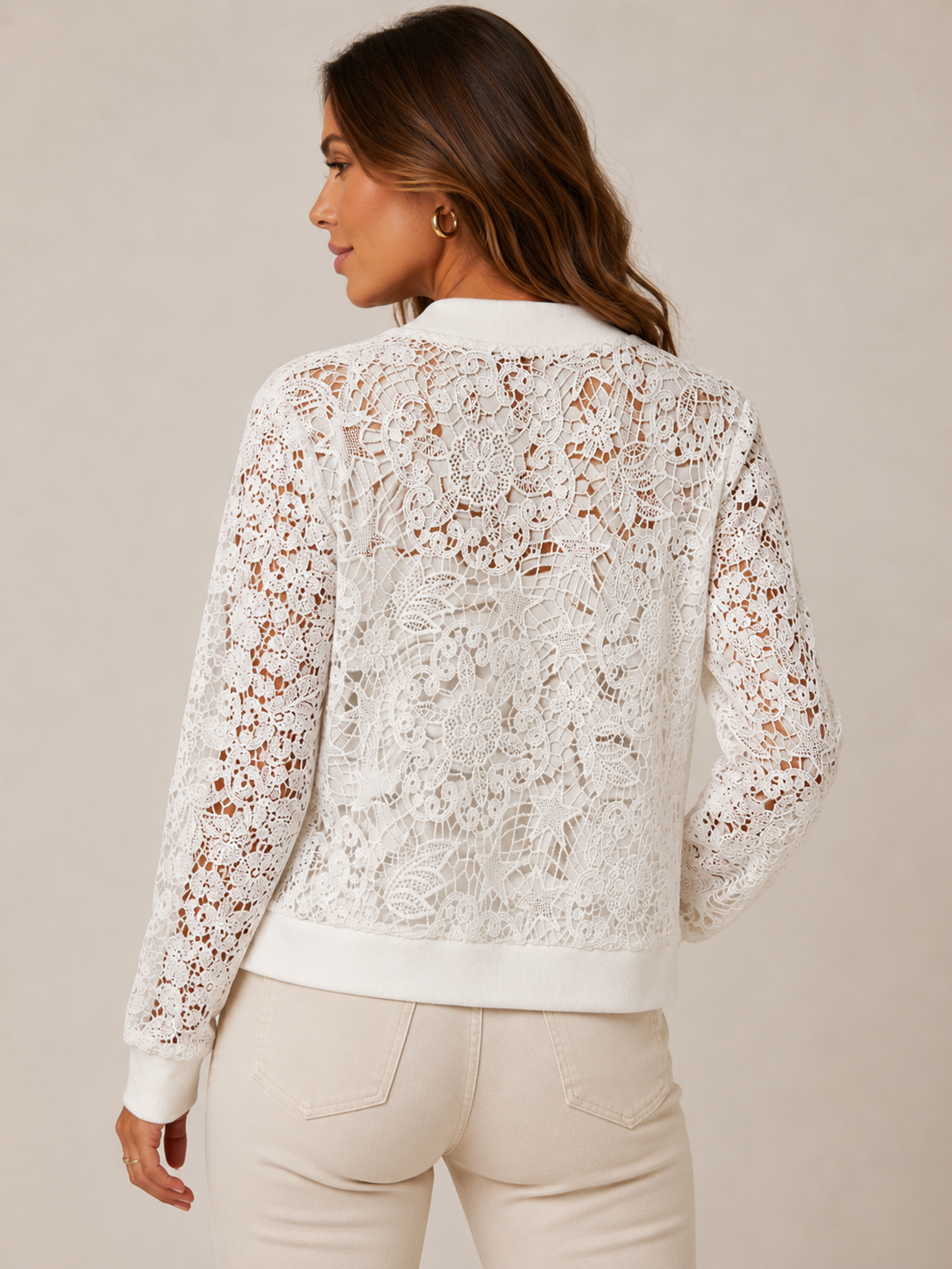 white lace jacket, crochet lace bomber jacket, floral lace jacket, boutique jacket, gold button jacket, women's lace cardigan, occasion wear jacket, elegant lace outerwear.