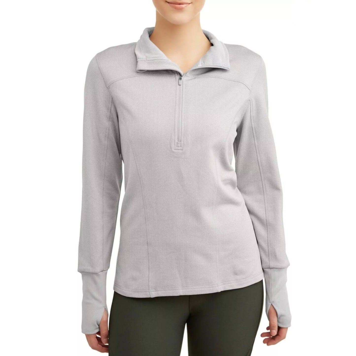Women’s grey 1/4 zip sweatshirt pullover with ribbed cuffs, thumbholes, reflective collar tape for visibility, and soft brushed interior