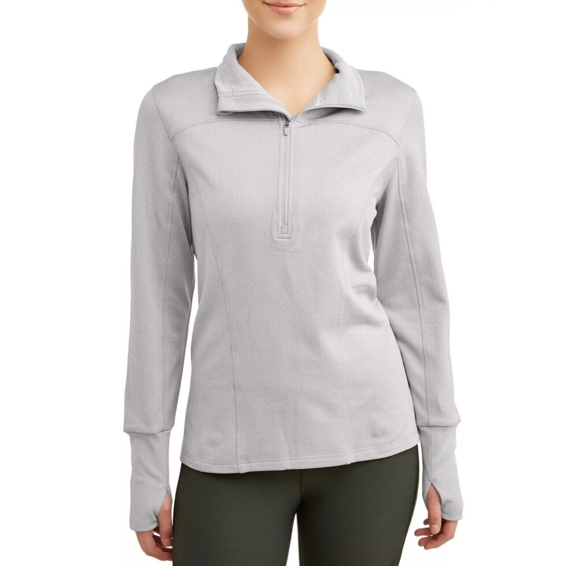 Women’s grey 1/4 zip sweatshirt pullover with ribbed cuffs, thumbholes, reflective collar tape for visibility, and soft brushed interior