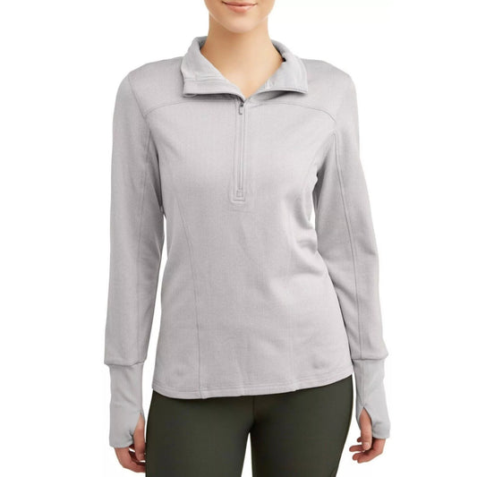 Women’s grey 1/4 zip sweatshirt pullover with ribbed cuffs, thumbholes, reflective collar tape for visibility, and soft brushed interior