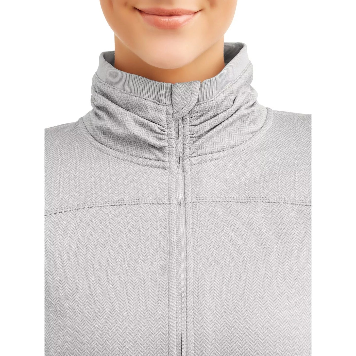 Women’s grey 1/4 zip sweatshirt pullover with ribbed cuffs, thumbholes, reflective collar tape for visibility, and soft brushed interior
