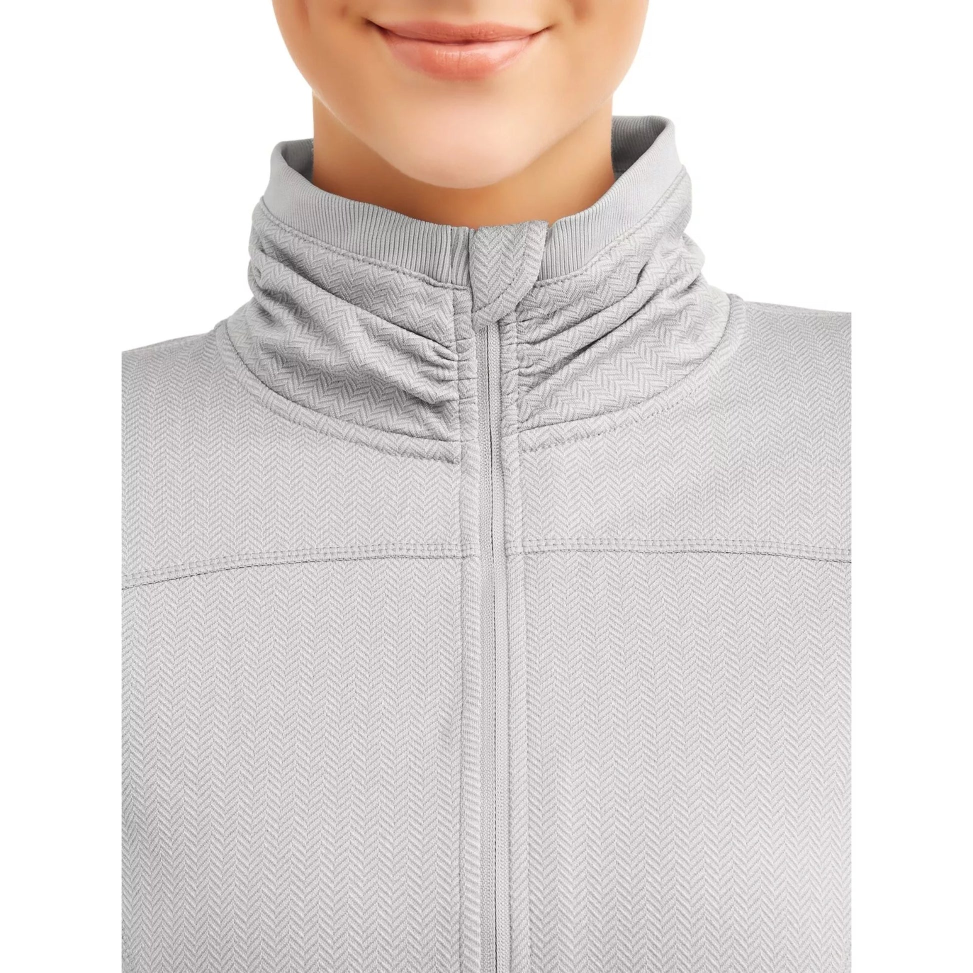 Women’s grey 1/4 zip sweatshirt pullover with ribbed cuffs, thumbholes, reflective collar tape for visibility, and soft brushed interior