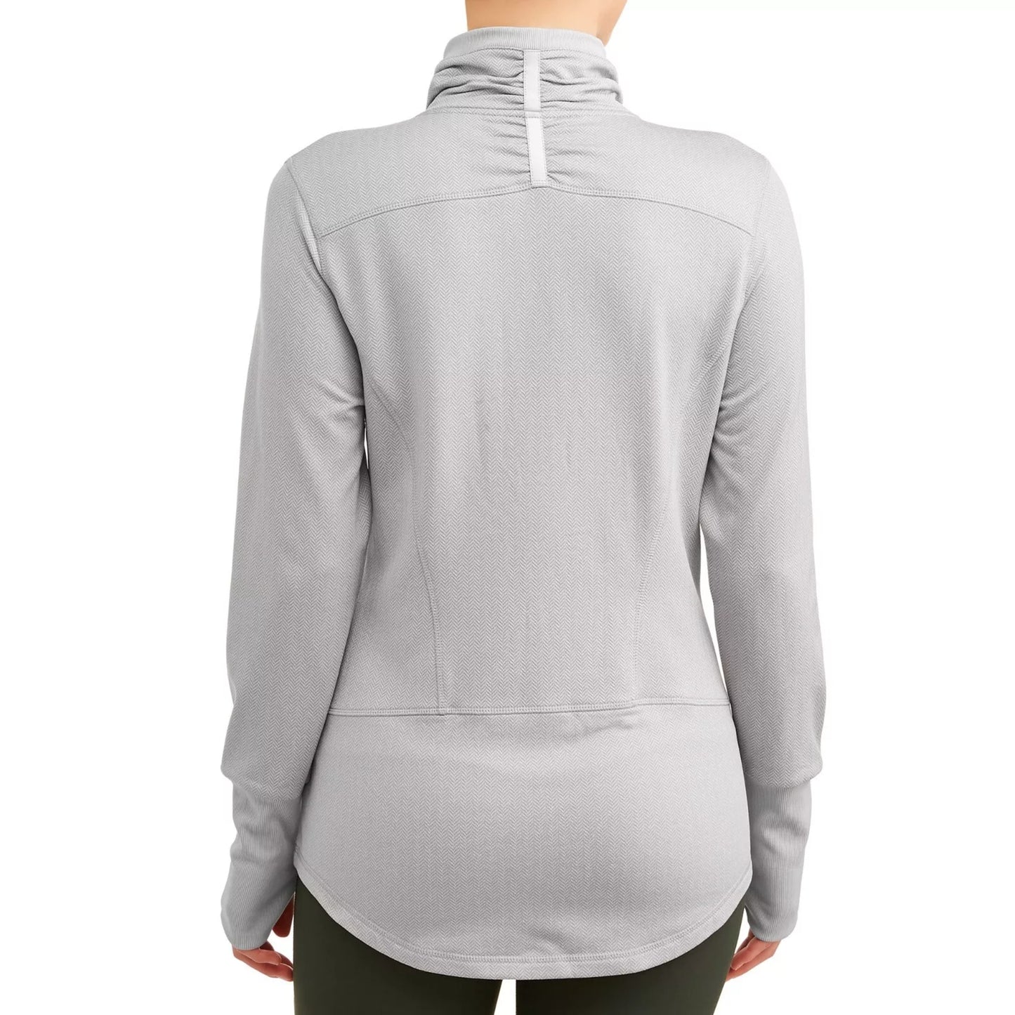 Women’s grey 1/4 zip sweatshirt pullover with ribbed cuffs, thumbholes, reflective collar tape for visibility, and soft brushed interior
