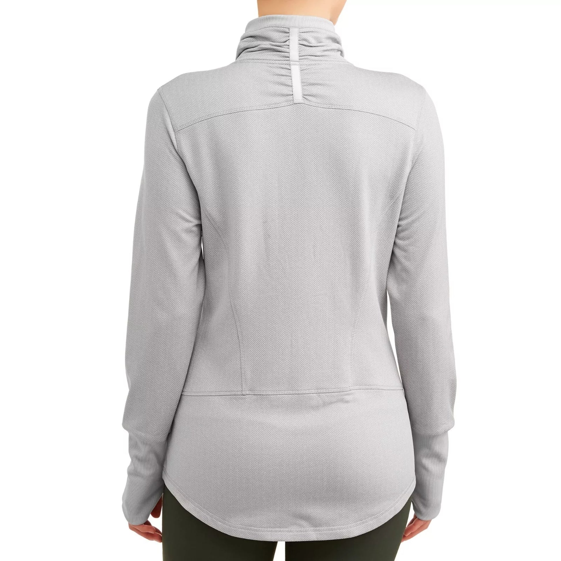Women’s grey 1/4 zip sweatshirt pullover with ribbed cuffs, thumbholes, reflective collar tape for visibility, and soft brushed interior