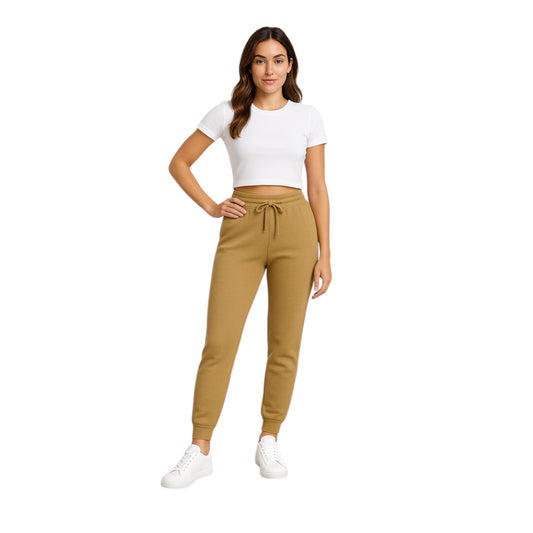 Women’s beige high-waisted joggers with drawstring waist and cuffed ankles – soft loungewear trousers