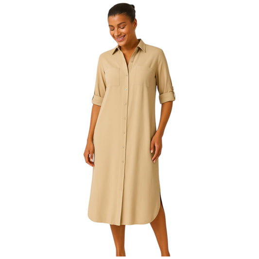Women's Beige long shirt dress with button front, rolled sleeves, and collared neckline – casual midi dress for everyday wear.