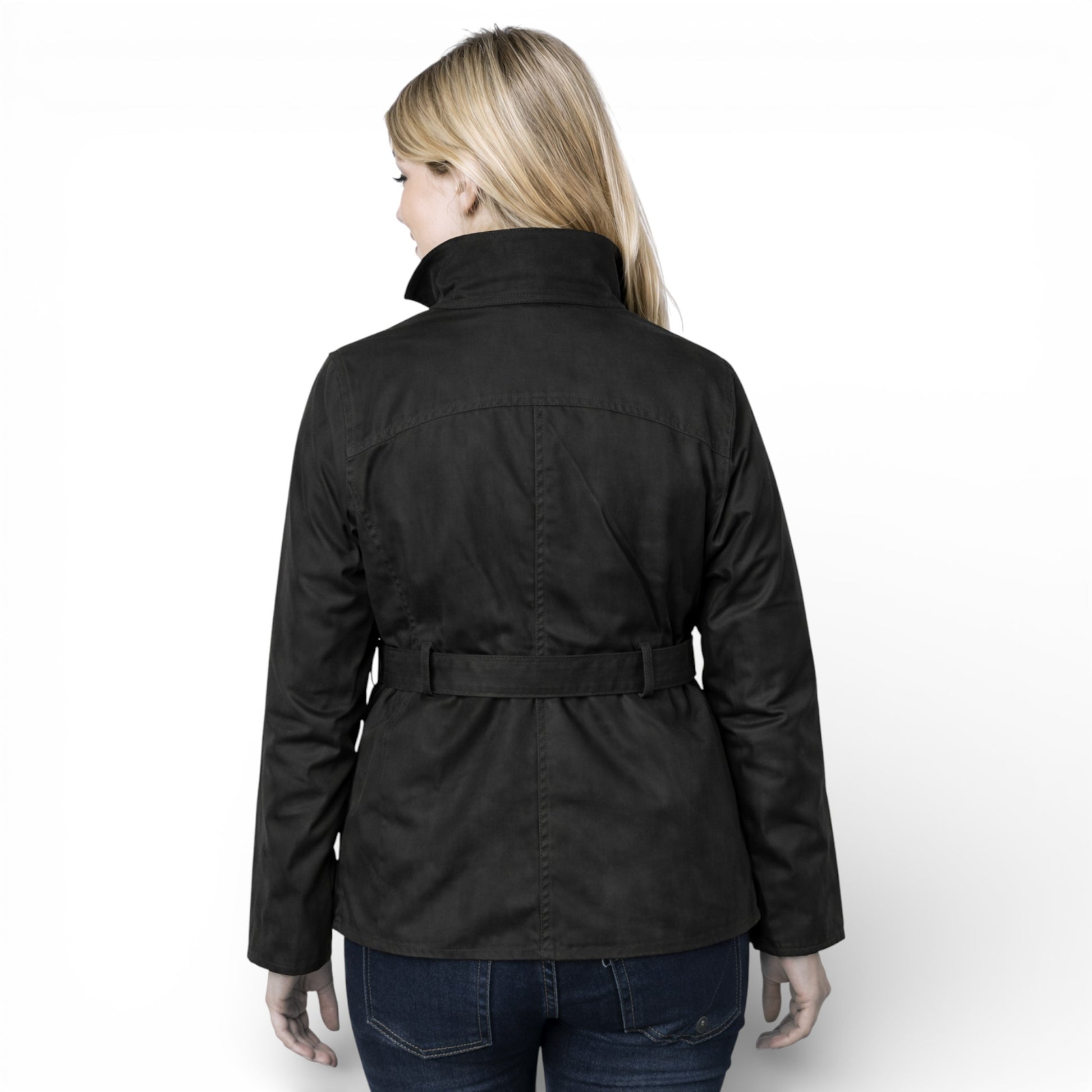 Nicky Adams Countrywear ladies black fitted belted wax jacket with pockets and stud fastening
