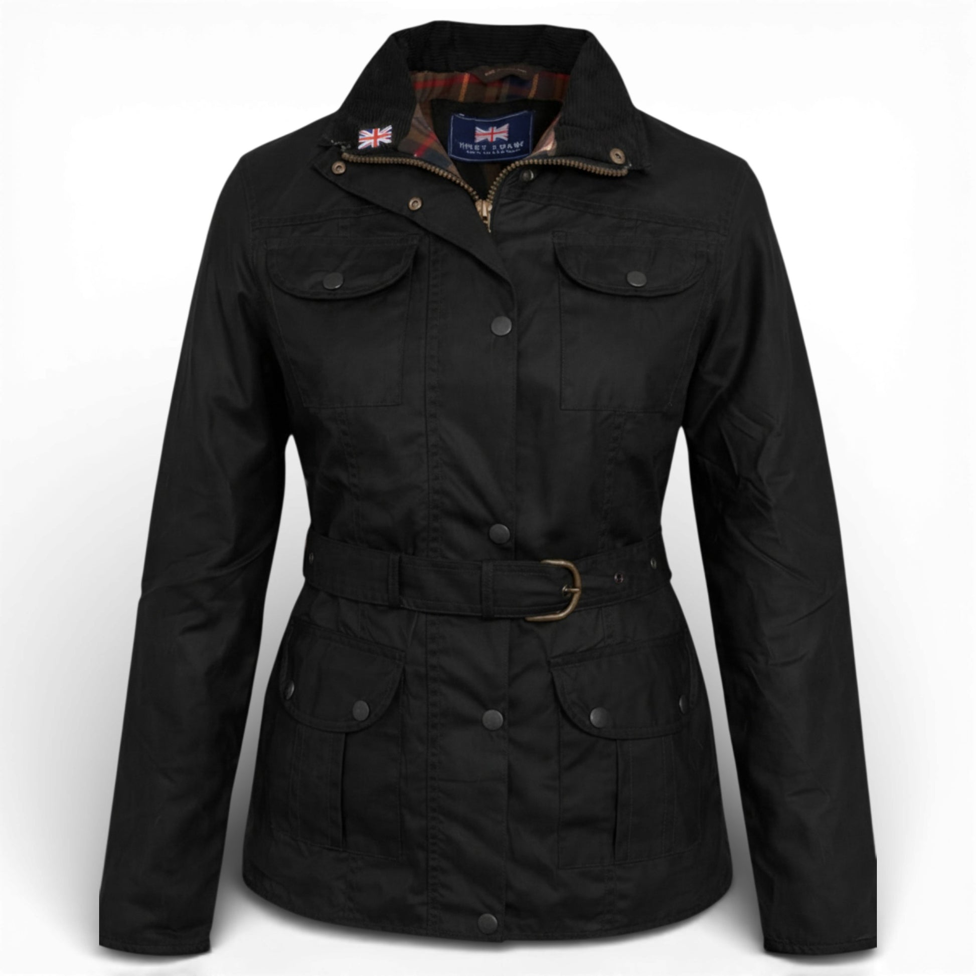 Nicky Adams Countrywear ladies black fitted belted wax jacket with pockets and stud fastening