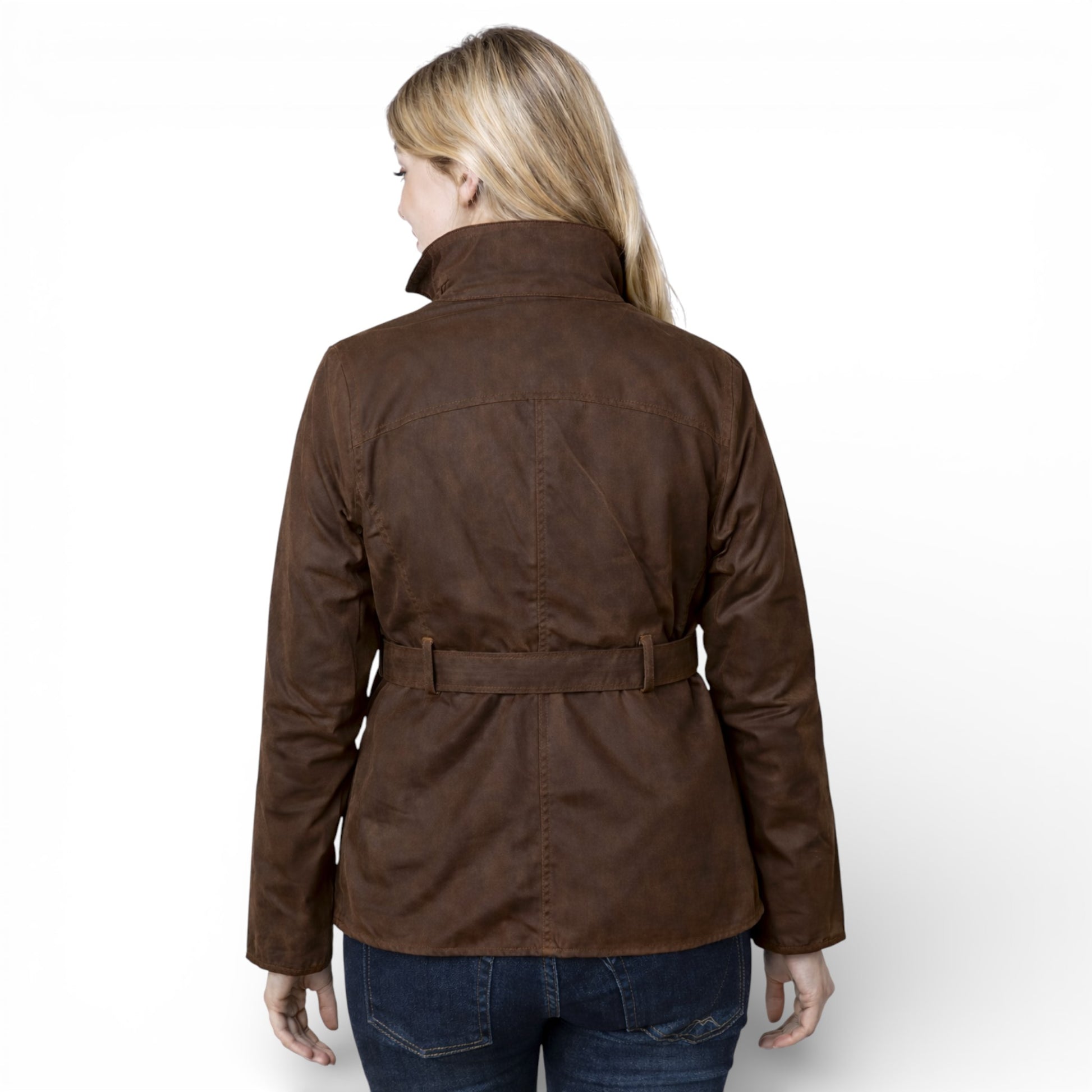 Nicky Adams Countrywear ladies brown fitted belted wax jacket with pockets and stud fastening