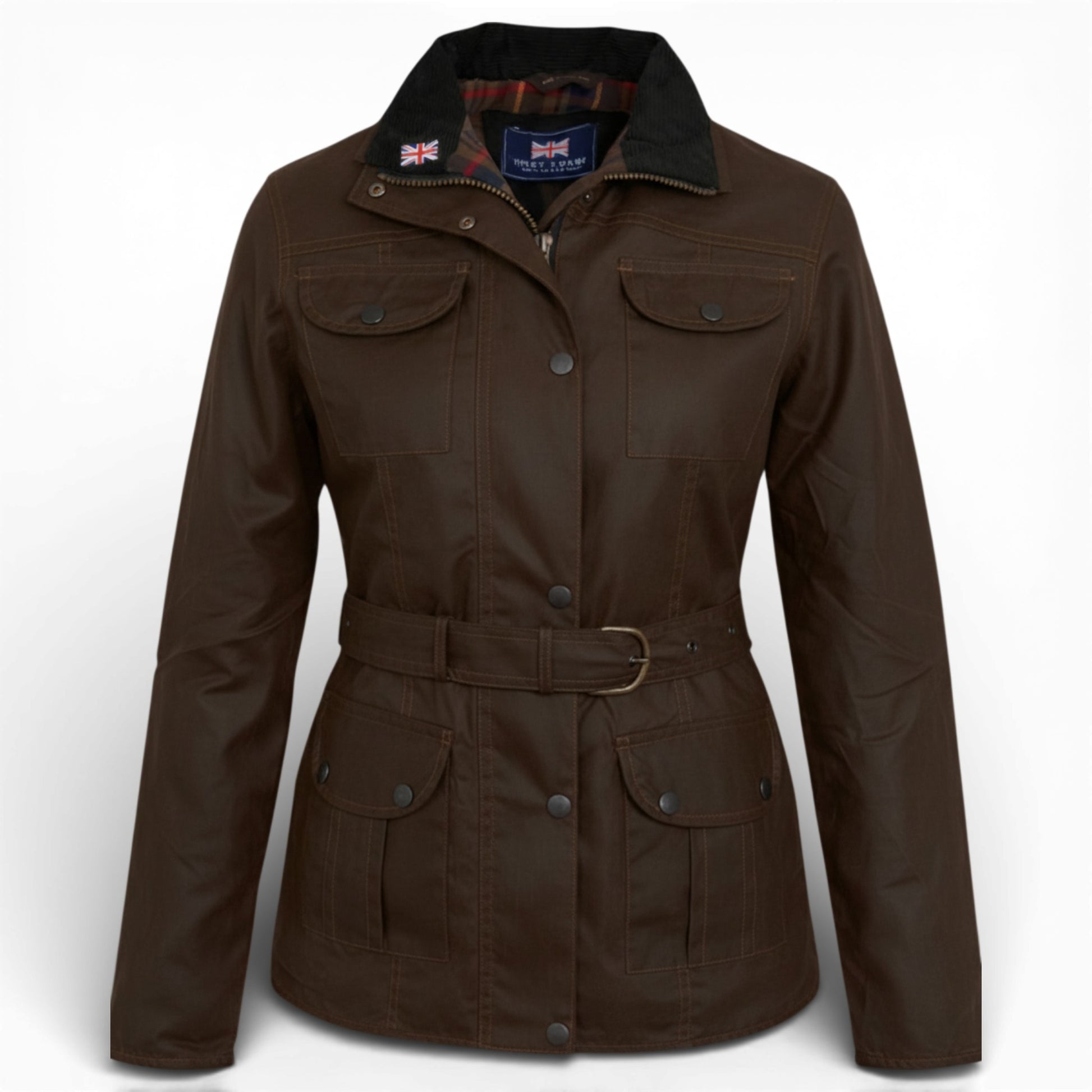 Nicky Adams Countrywear ladies brown fitted belted wax jacket with pockets and stud fastening