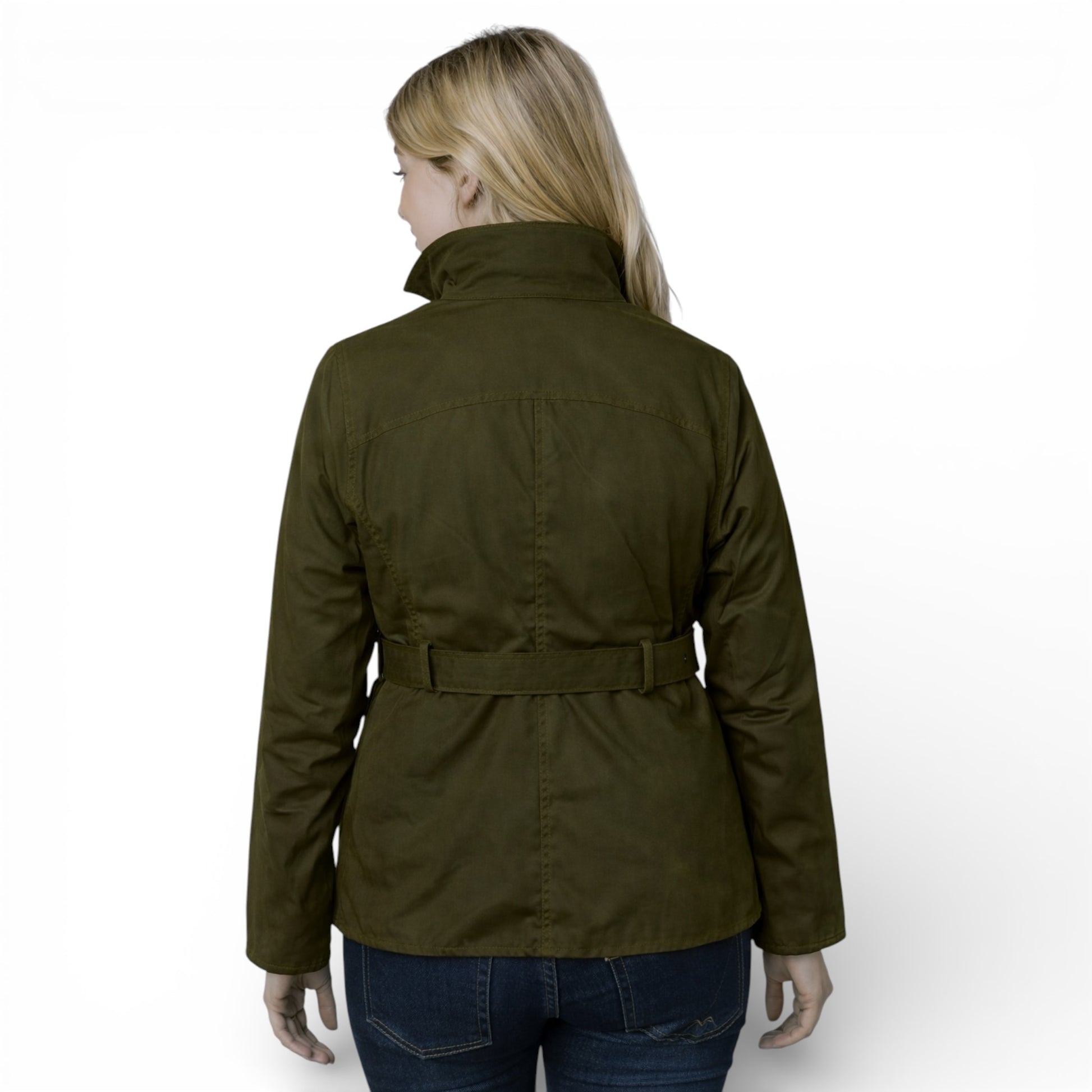 Nicky Adams Countrywear ladies green fitted belted wax jacket with pockets and stud fastening