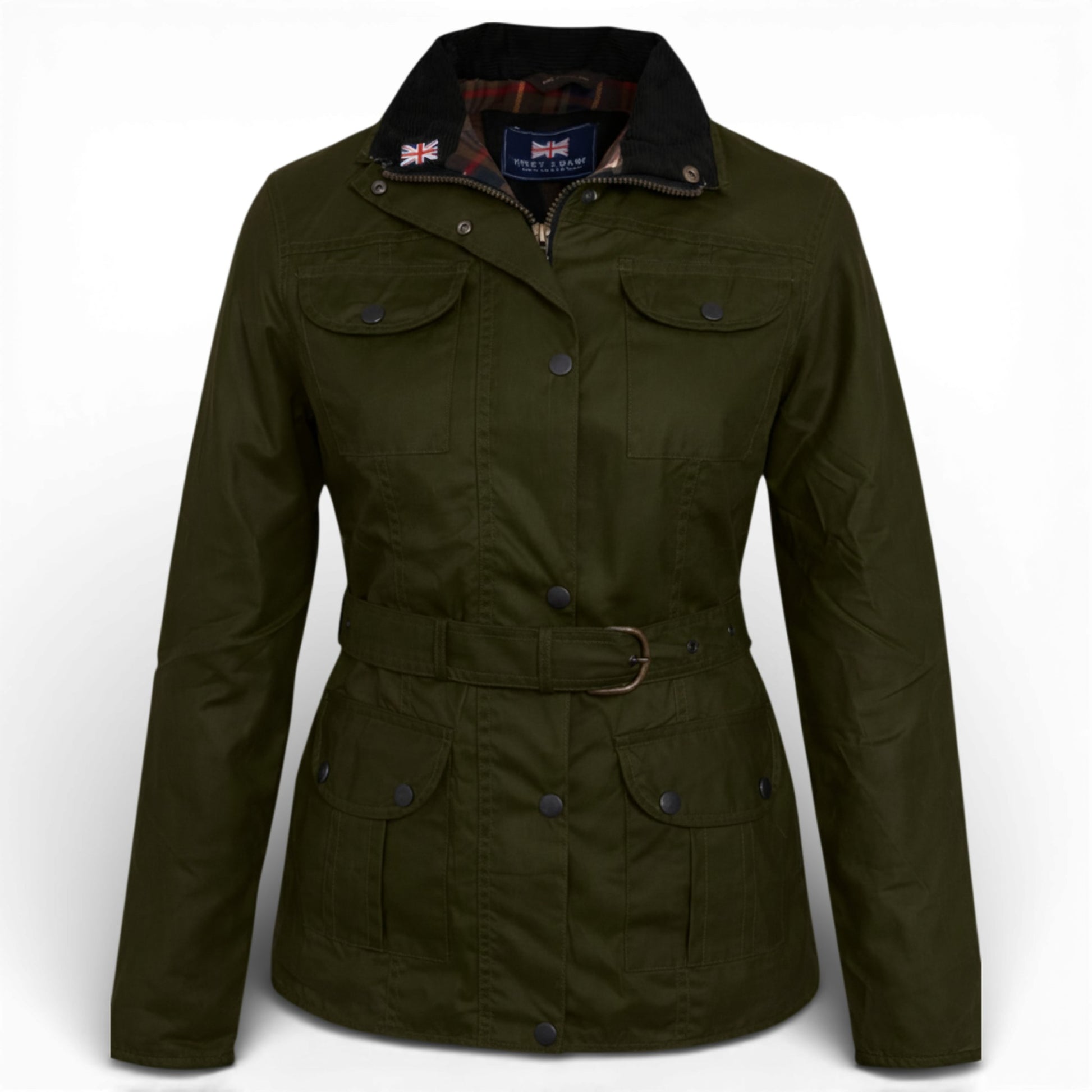 Nicky Adams Countrywear ladies green fitted belted wax jacket with pockets and stud fastening