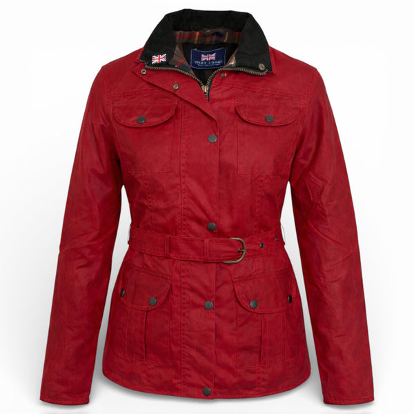 Nicky Adams Ladies Red Waterproof Fitted Wax Belted Jacket