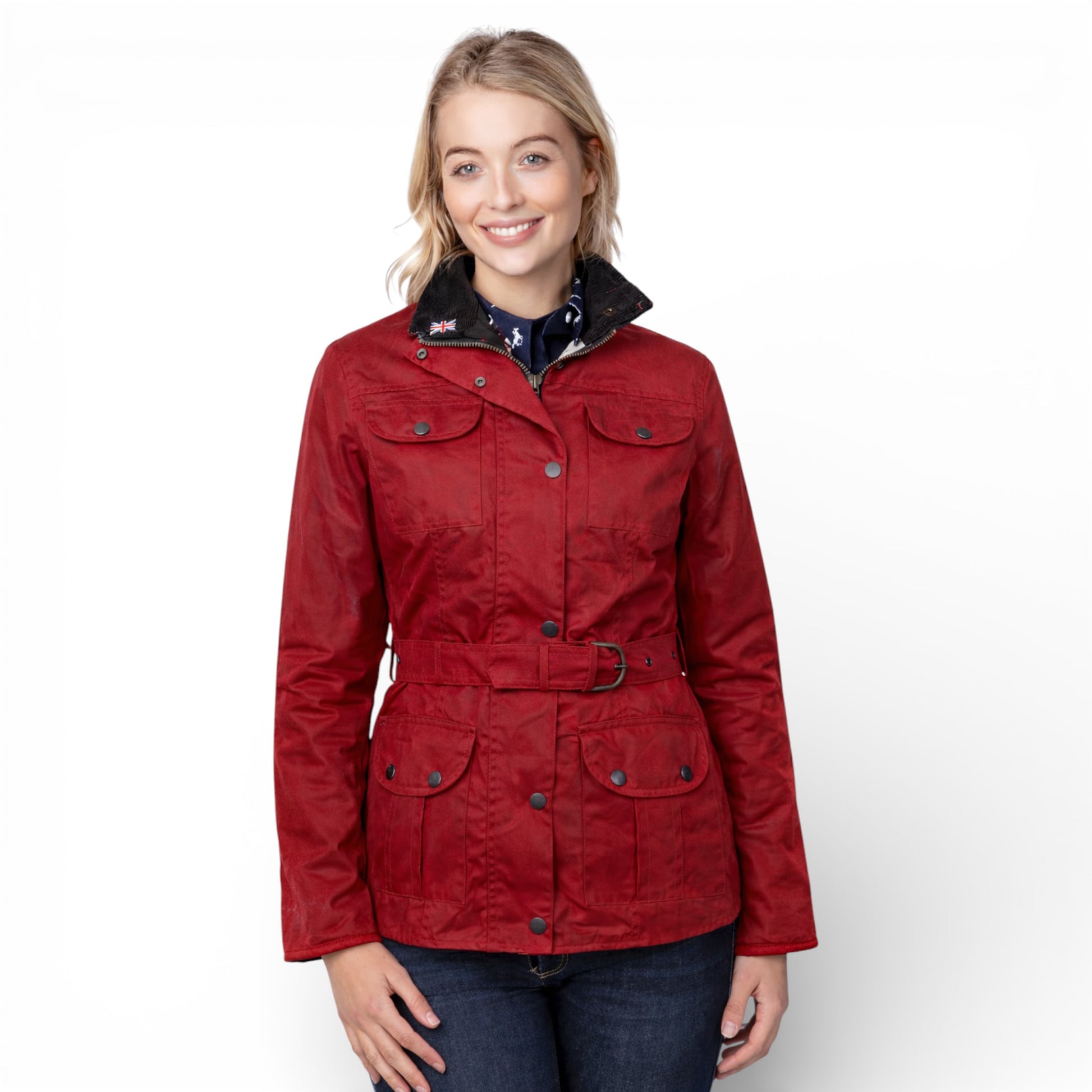 Nicky Adams Countrywear ladies red fitted belted wax jacket with pockets and stud fastening