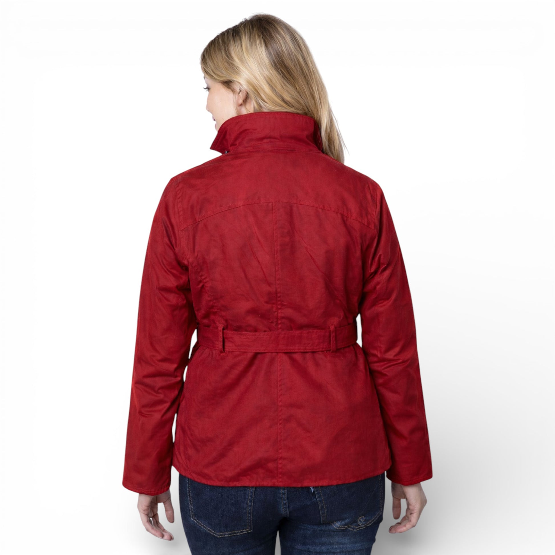 Nicky Adams Countrywear ladies red fitted belted wax jacket with pockets and stud fastening