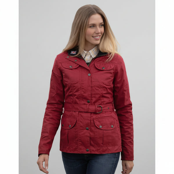 Nicky Adams Ladies Red Waterproof Fitted Wax Belted Jacket