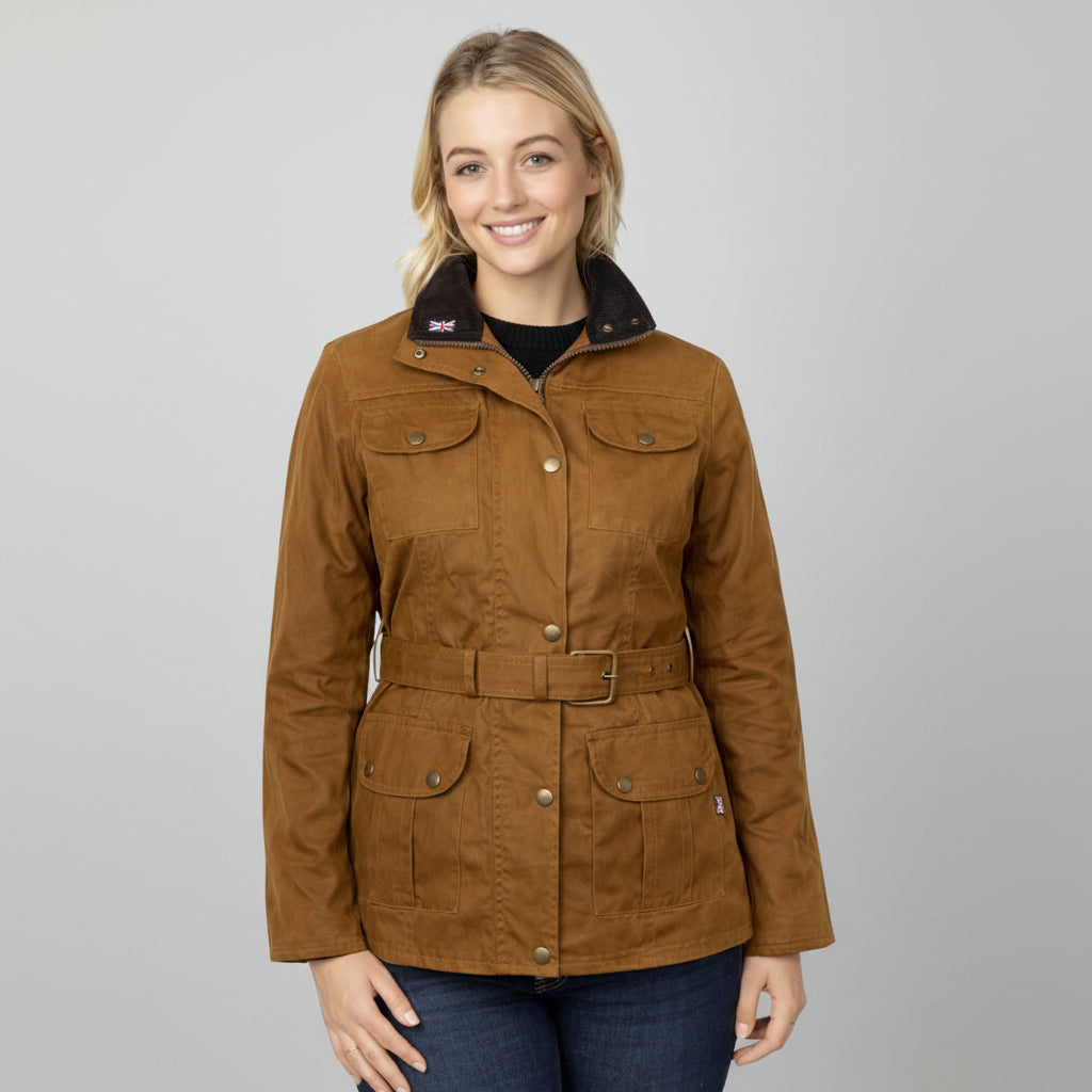 Nicky Adams Countrywear ladies sand fitted belted wax jacket with pockets and stud fastening