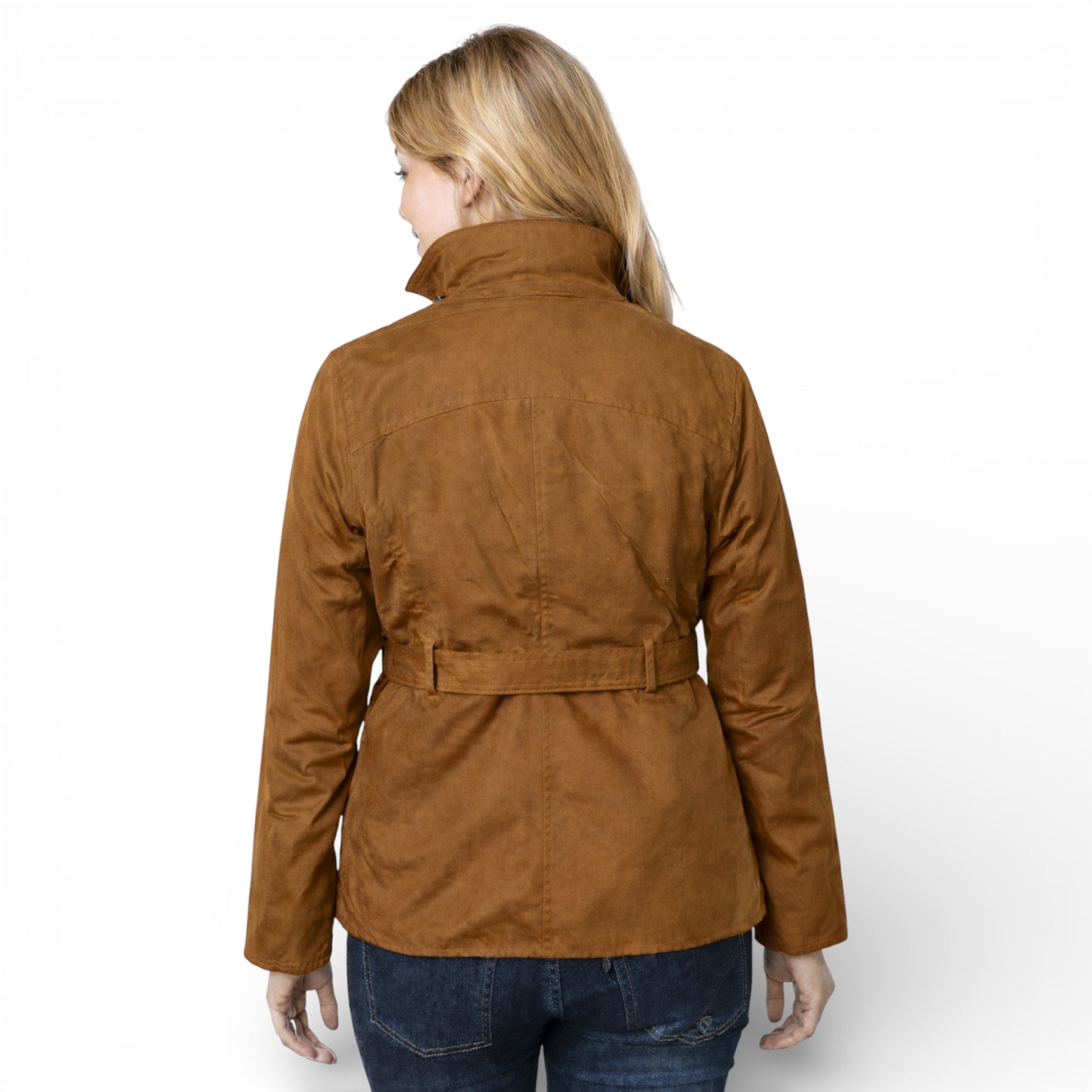 Nicky Adams Countrywear ladies sand fitted belted wax jacket with pockets and stud fastening