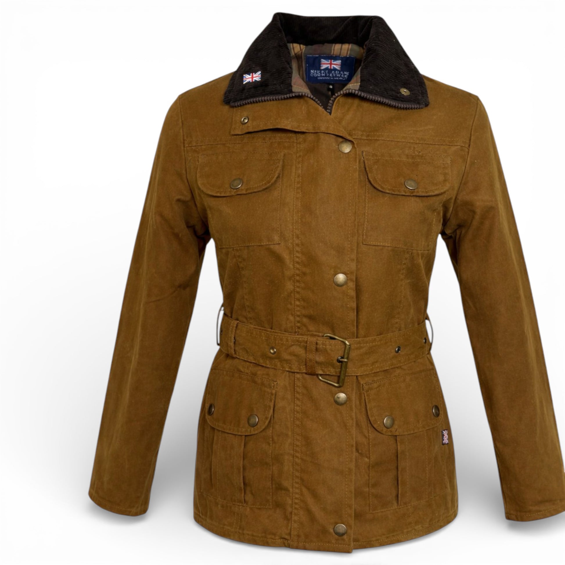 Nicky Adams Countrywear ladies sand fitted belted wax jacket with pockets and stud fastening