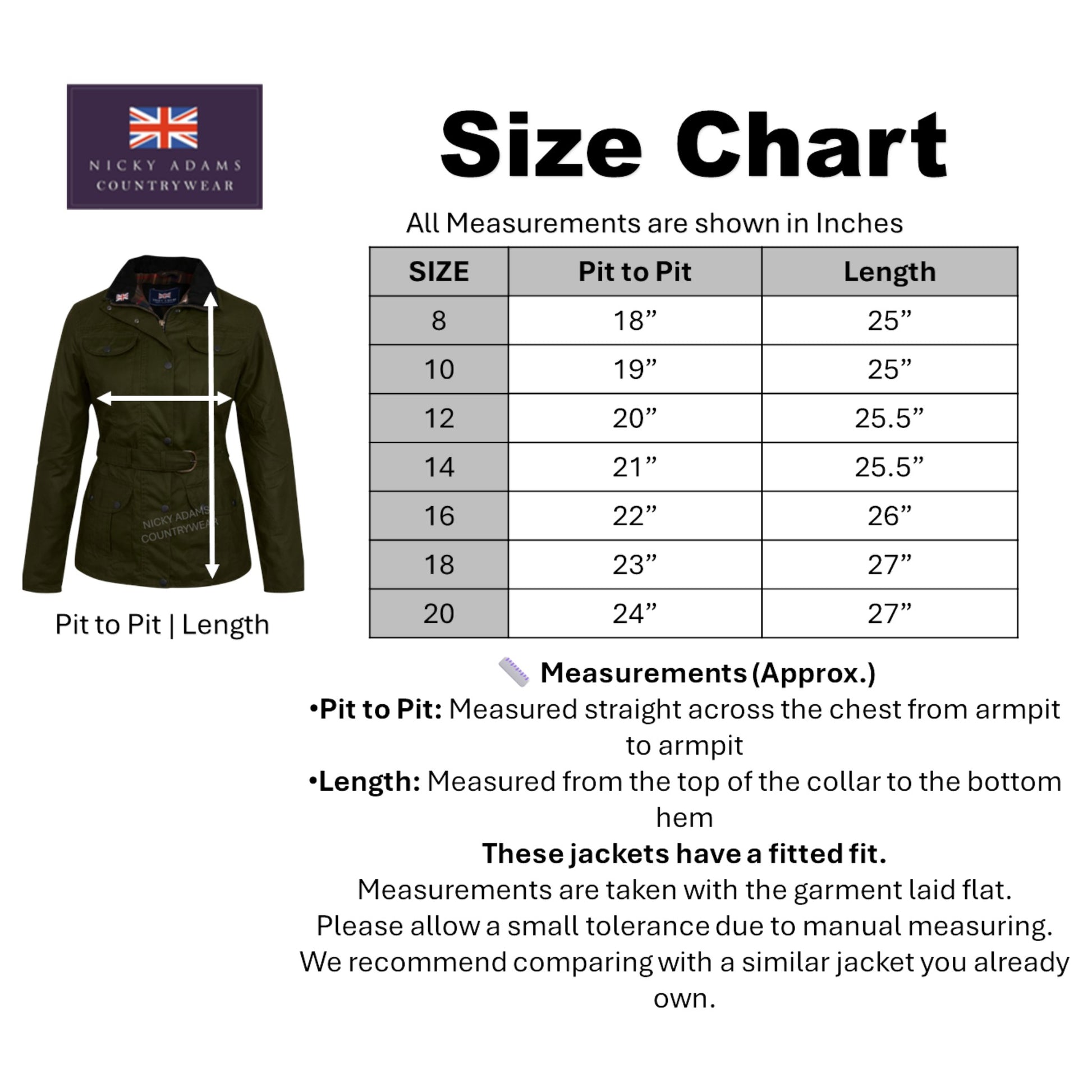 Nicky Adams Countrywear ladies fitted belted wax jacket with pockets and stud fastening