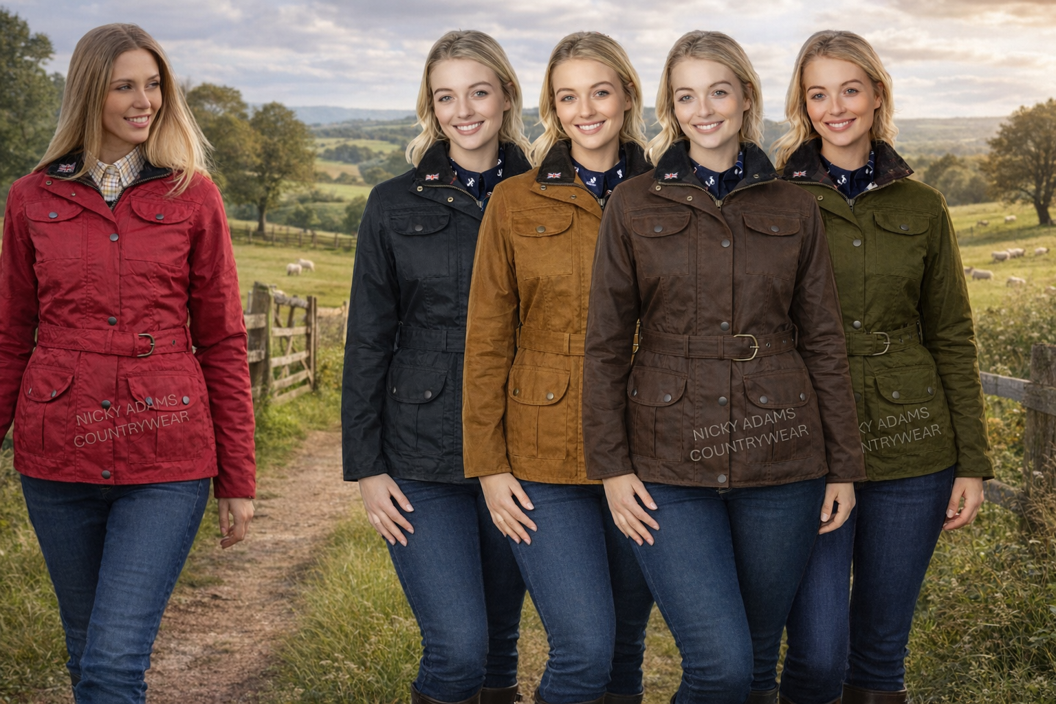 Nicky Adams Countrywear ladies fitted belted wax jacket with pockets and stud fastening